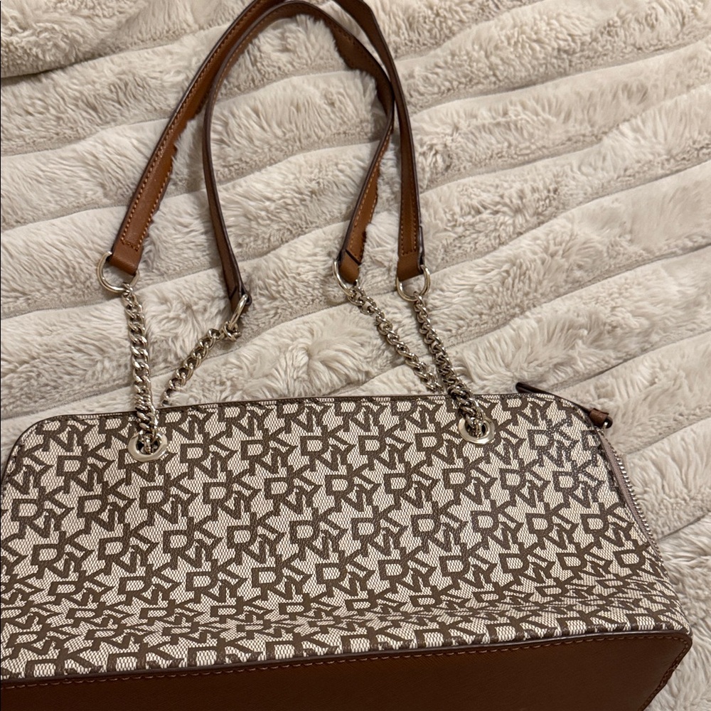 DKNY Tan and Cream Geometric Shoulder Bag